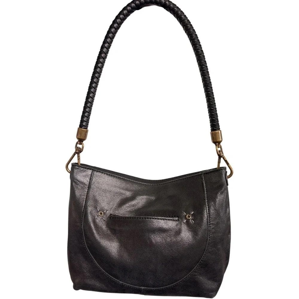 The Sak Black Leather Boho Shoulder Bag Braided Strap‎ Antique Brass Hardware